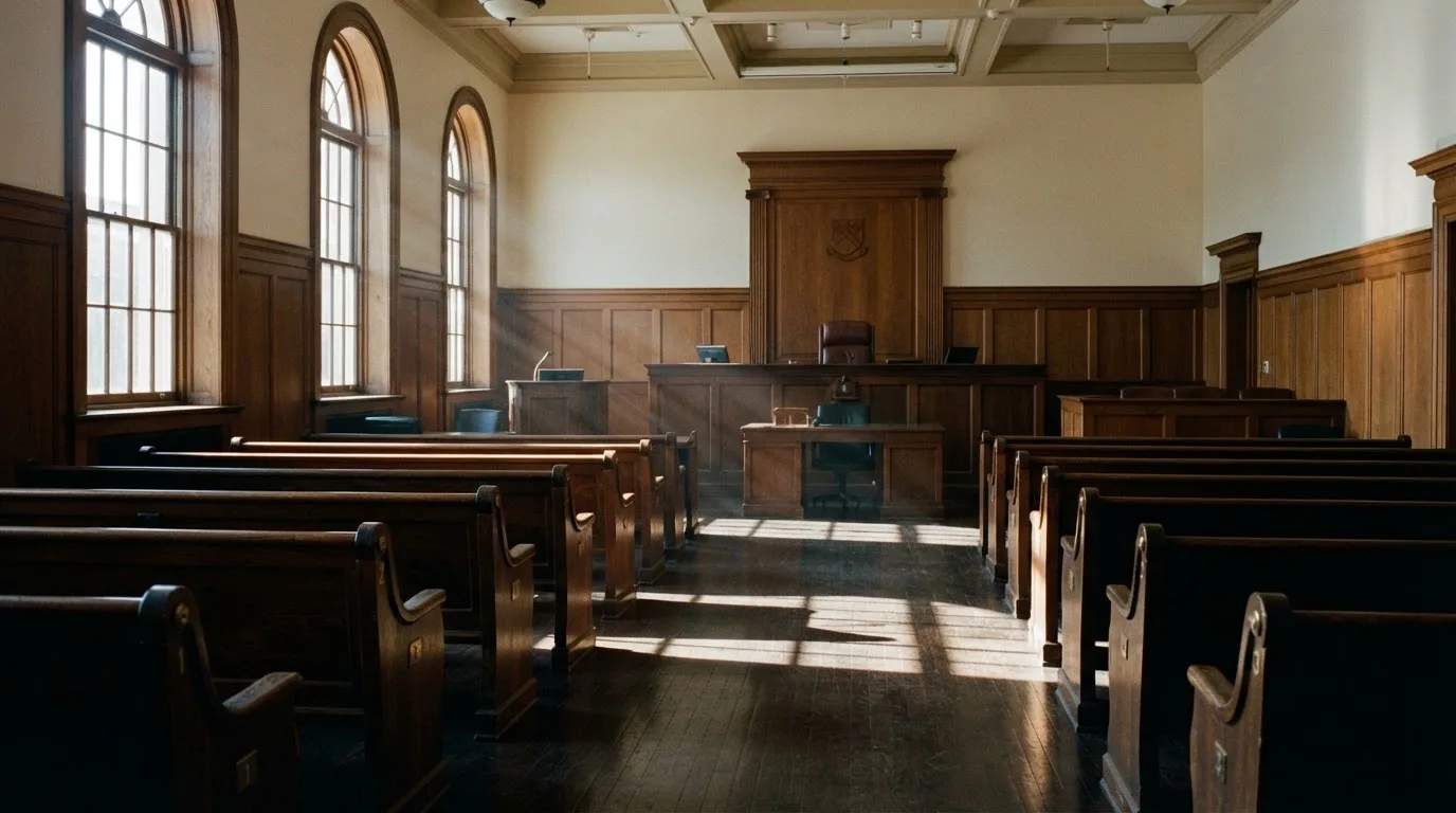 An empty courtroom with wooden benches in morning light