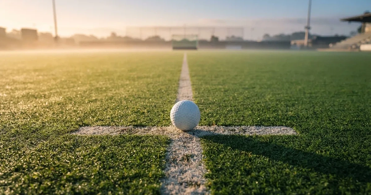 A ball on the centre spot of a grass pitch in morning light
