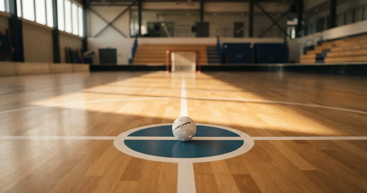 A ball on the centre spot of a grass pitch in morning light