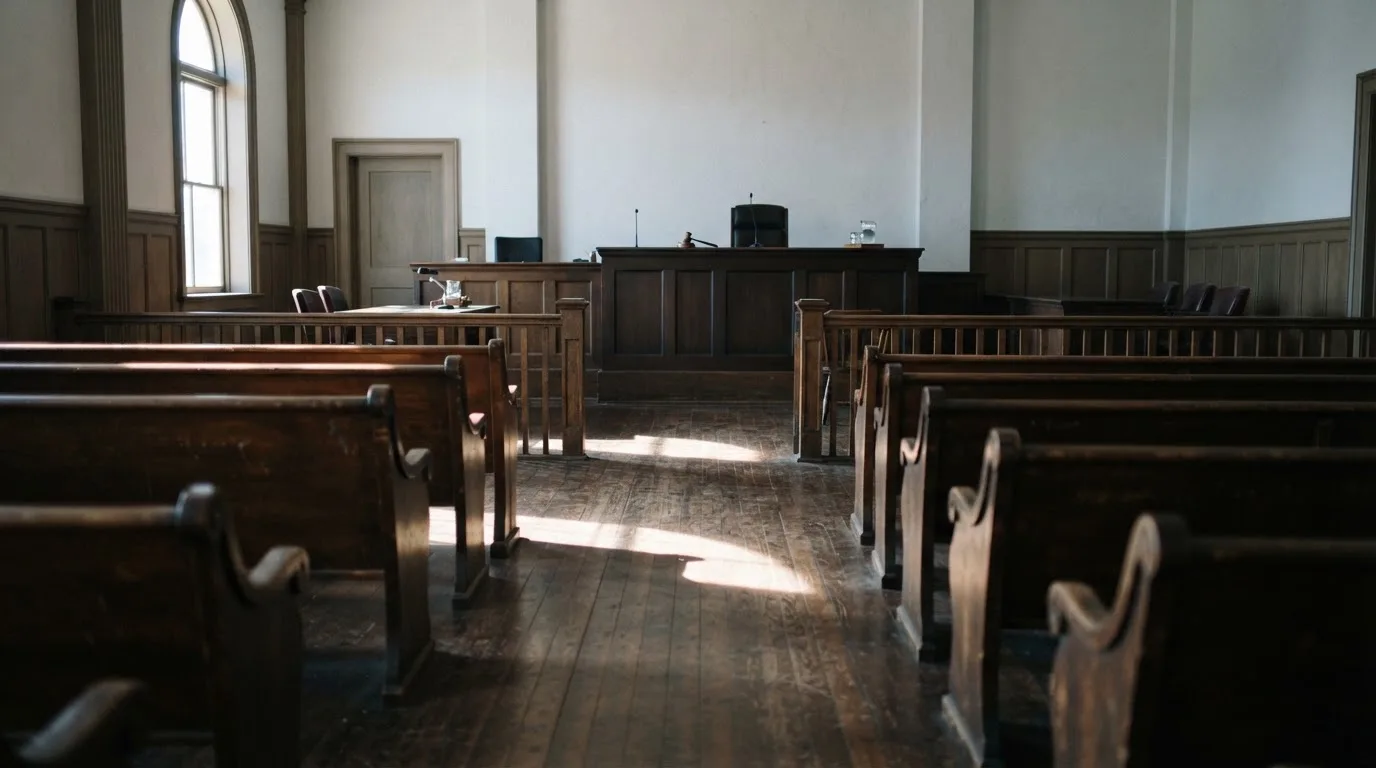 An empty courtroom with wooden benches in morning light