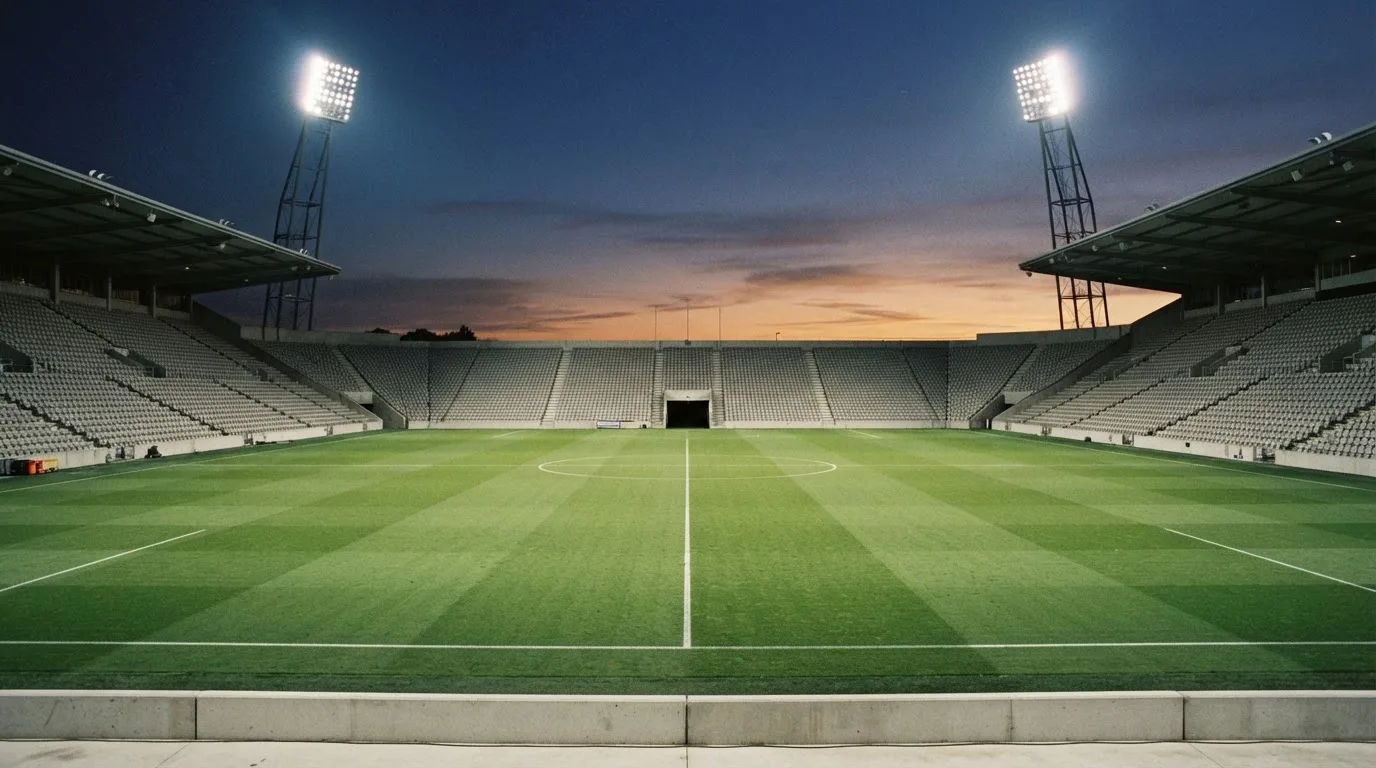 An empty football stadium with floodlight masts at dusk