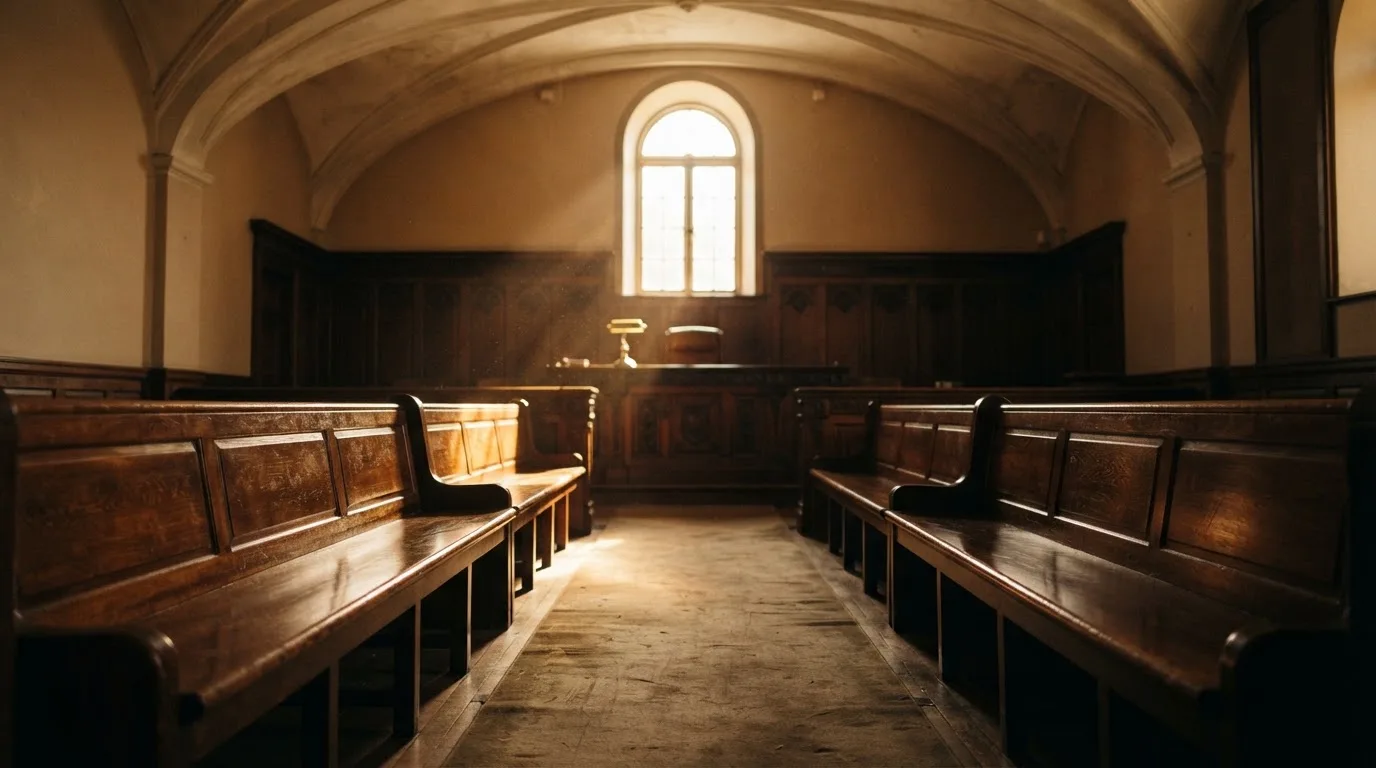 An empty courtroom with wooden benches in morning light