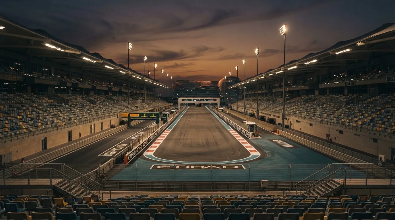 An empty football stadium with floodlight masts at dusk