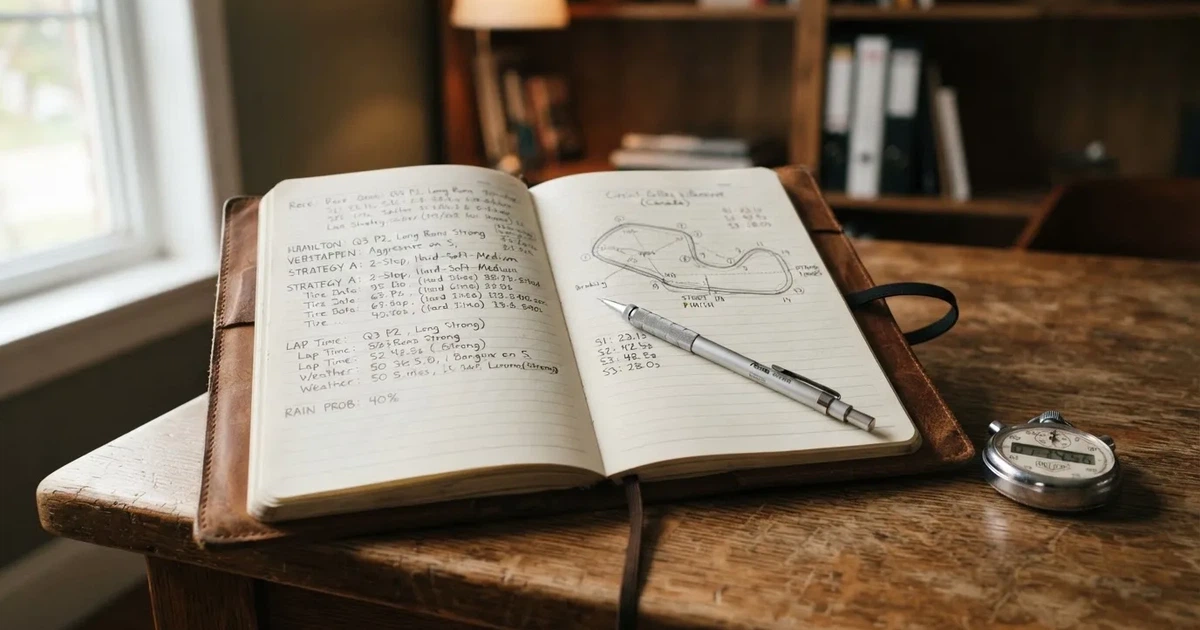 An open notebook with a pencil and a stopwatch on a wooden table