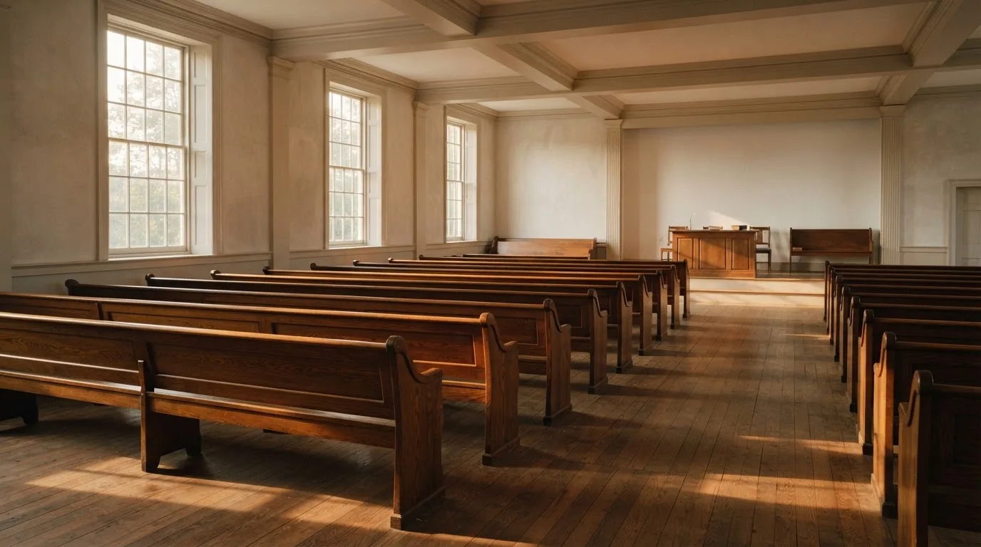 An empty courtroom with wooden benches in morning light