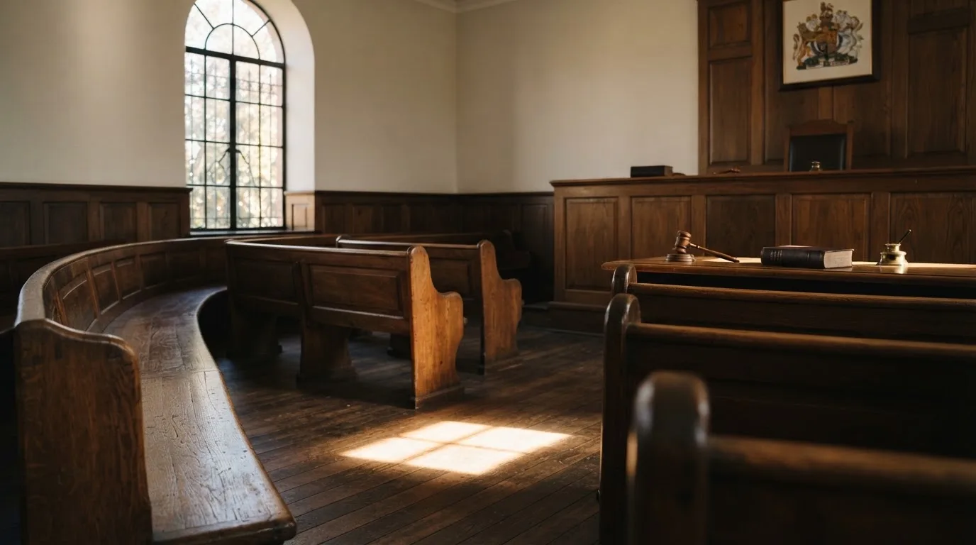 An empty courtroom with wooden benches in morning light