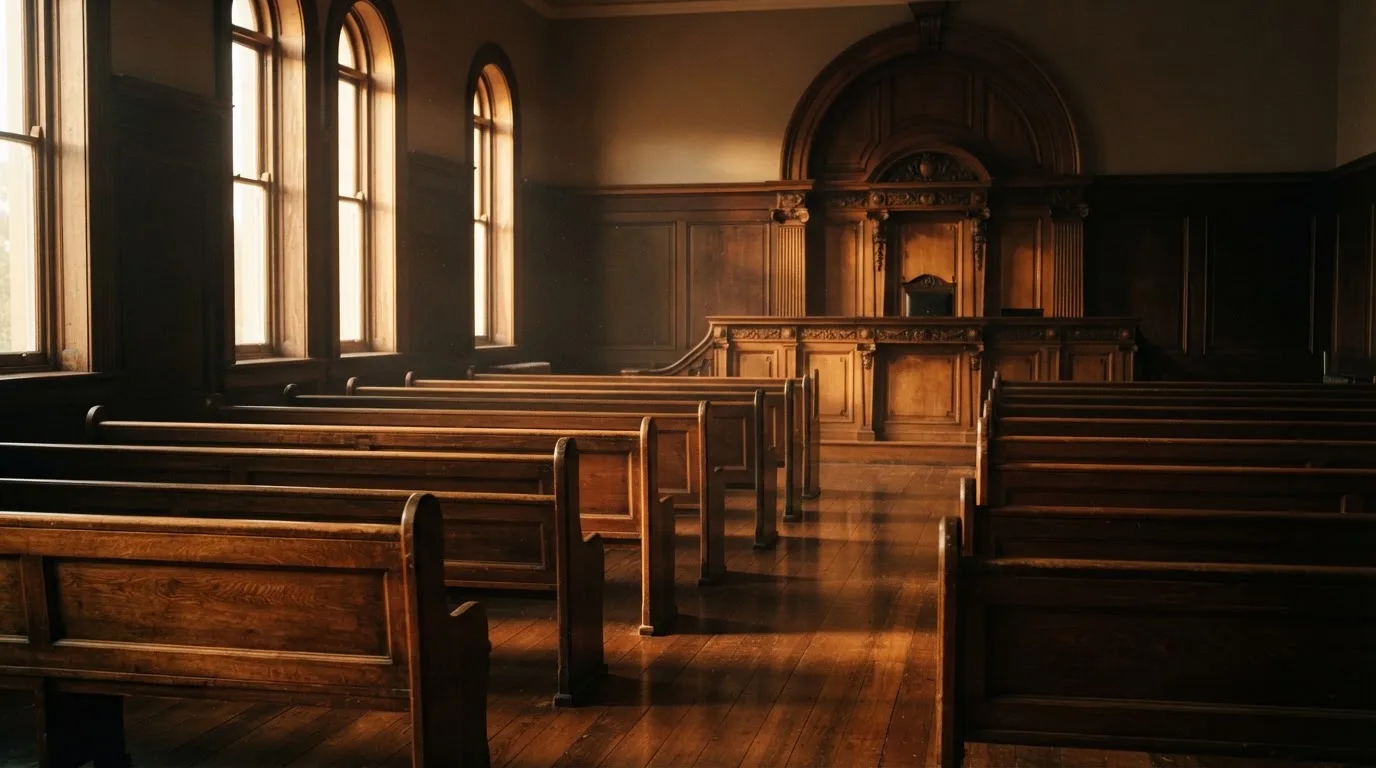 An empty courtroom with wooden benches in morning light
