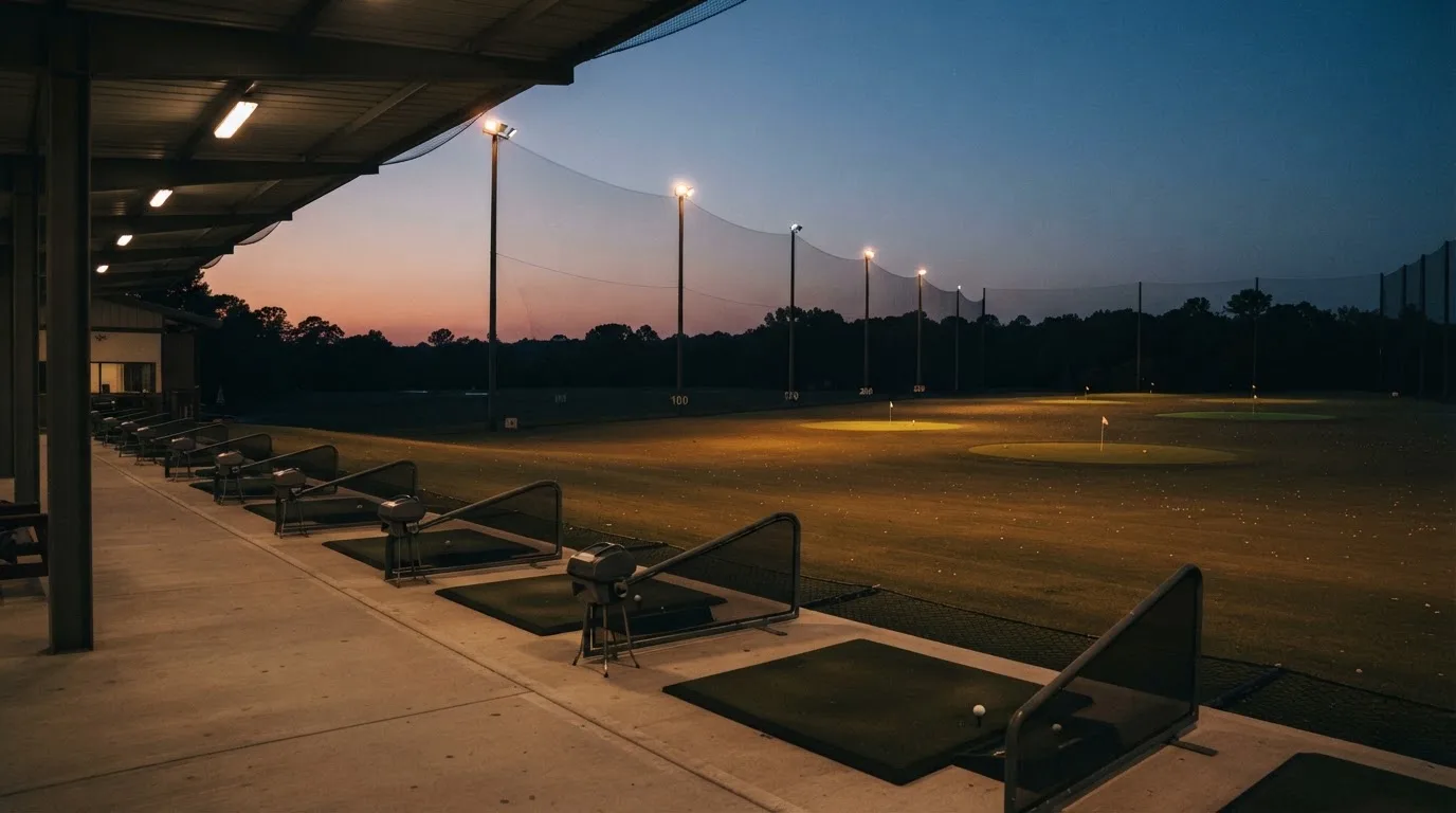 An empty football stadium with floodlight masts at dusk
