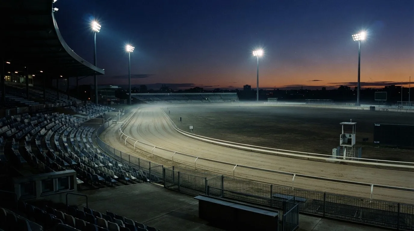 An empty football stadium with floodlight masts at dusk