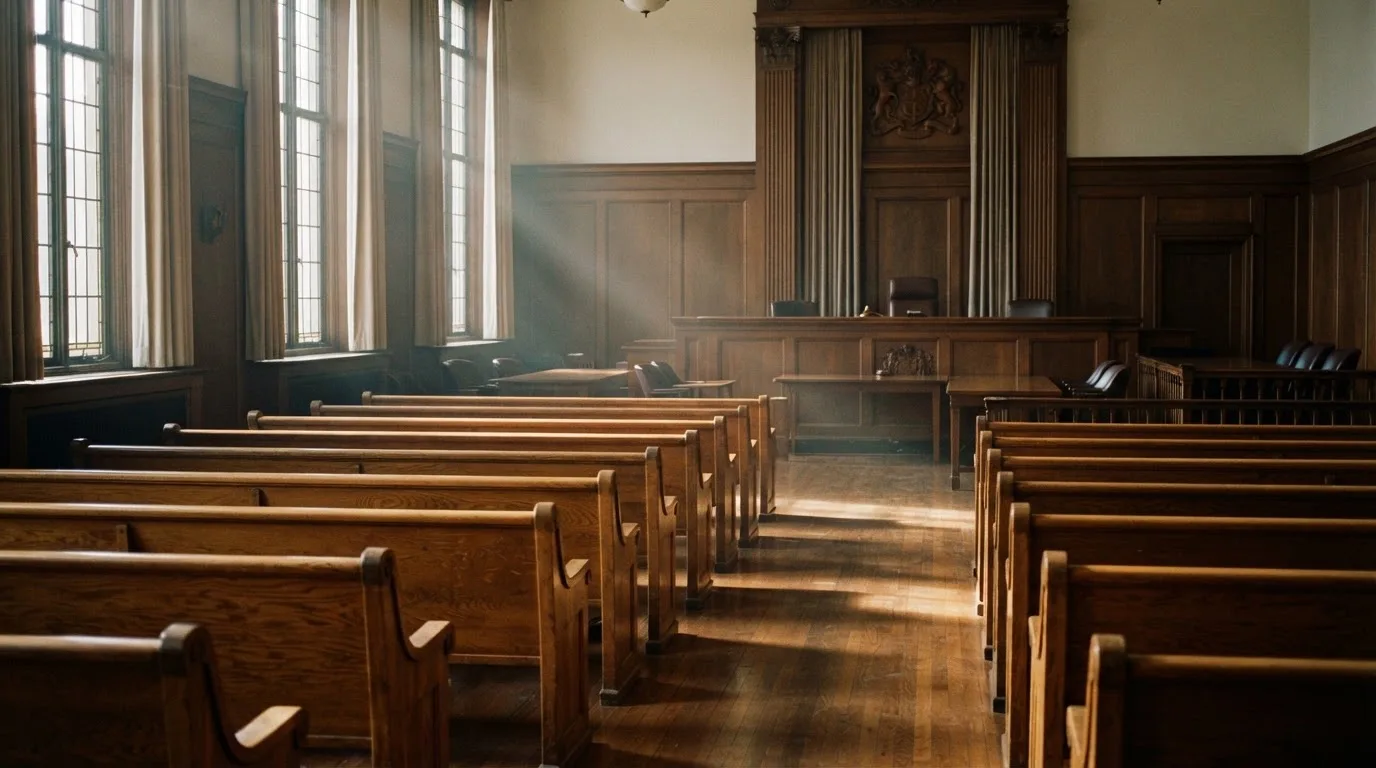 An empty courtroom with wooden benches in morning light