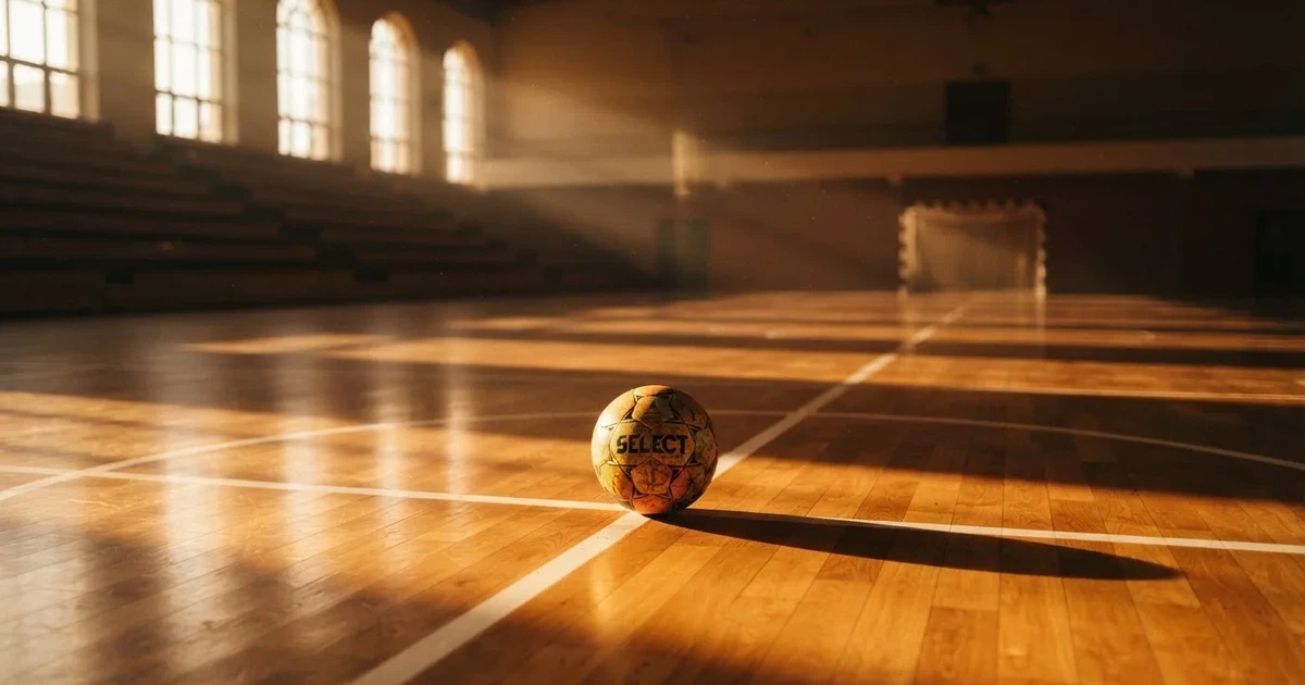 A ball on the centre spot of a grass pitch in morning light