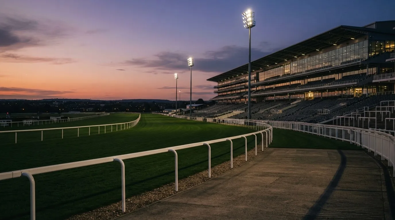 An empty football stadium with floodlight masts at dusk