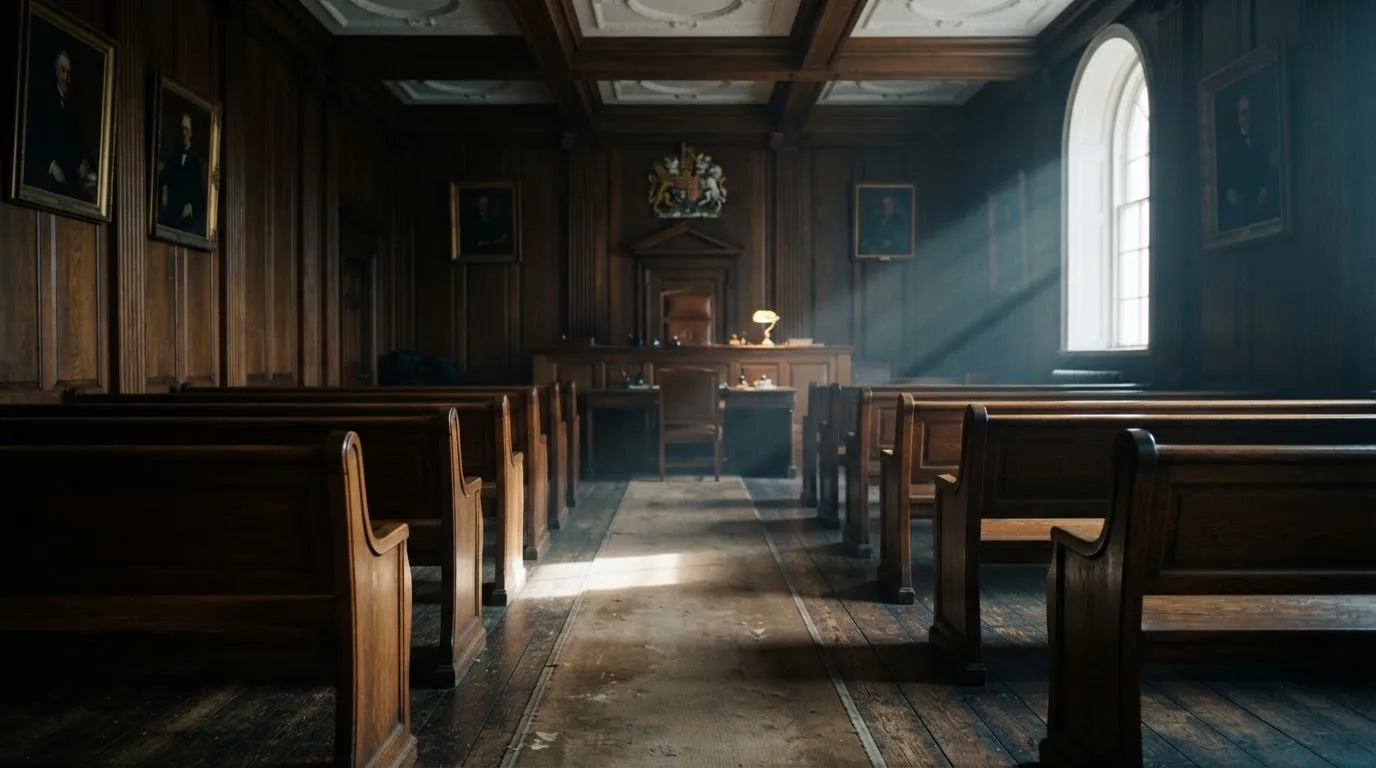 An empty courtroom with wooden benches in morning light
