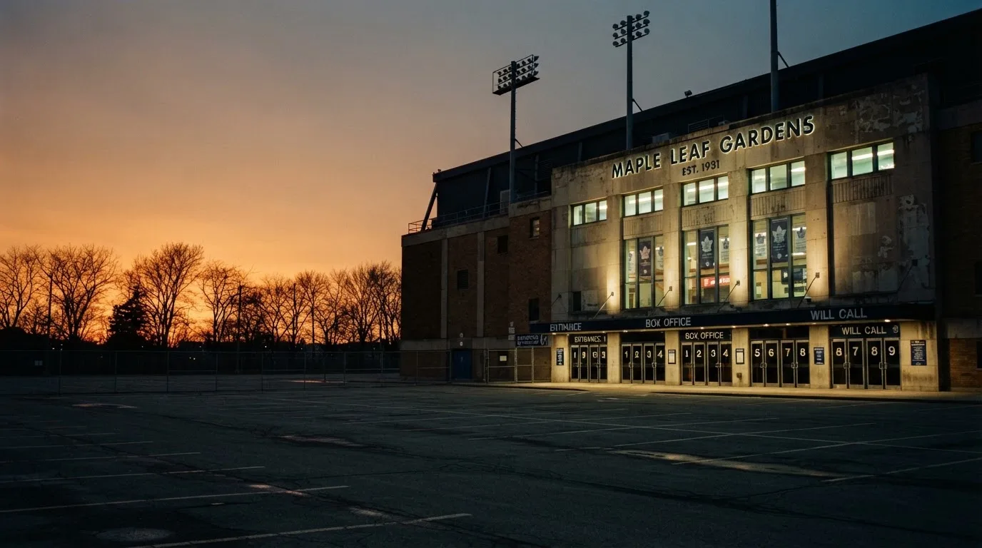 An empty football stadium with floodlight masts at dusk