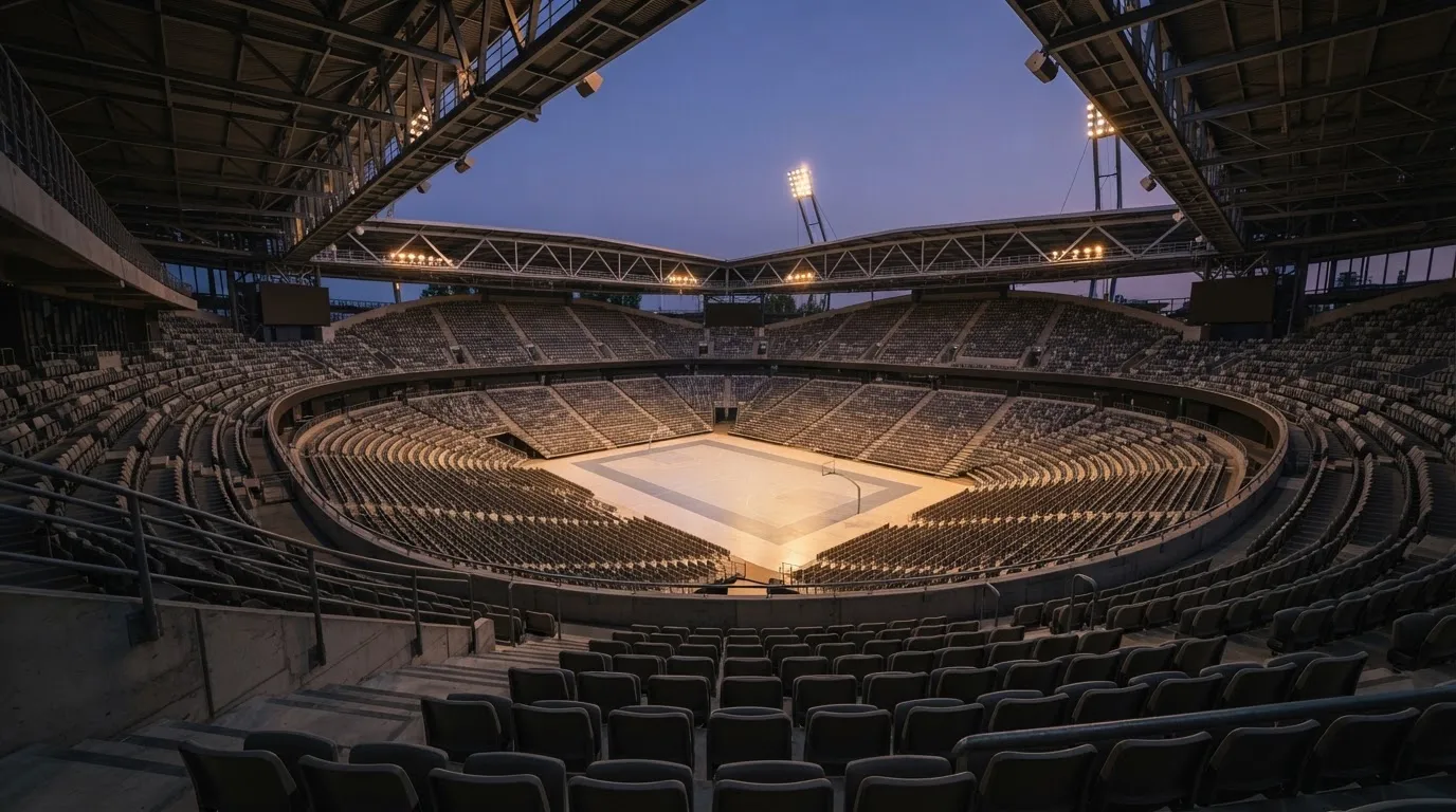 An empty football stadium with floodlight masts at dusk