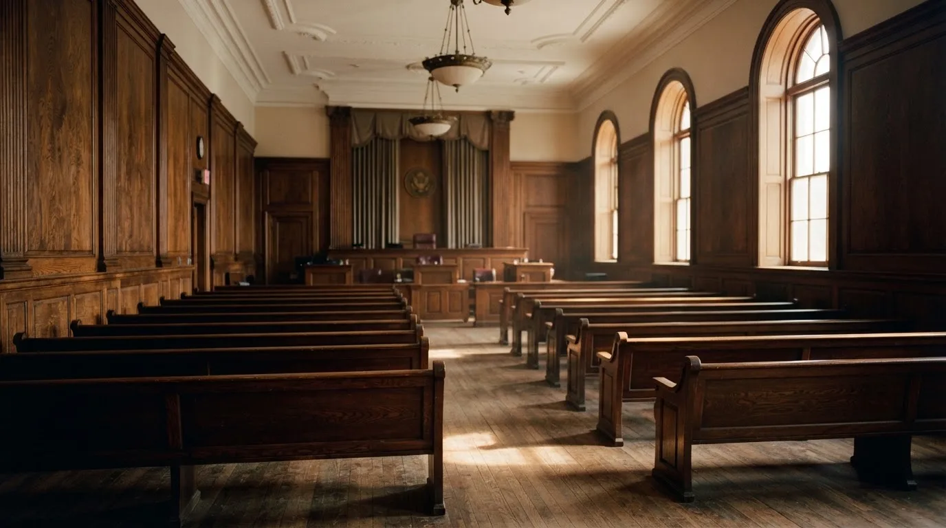 An empty courtroom with wooden benches in morning light