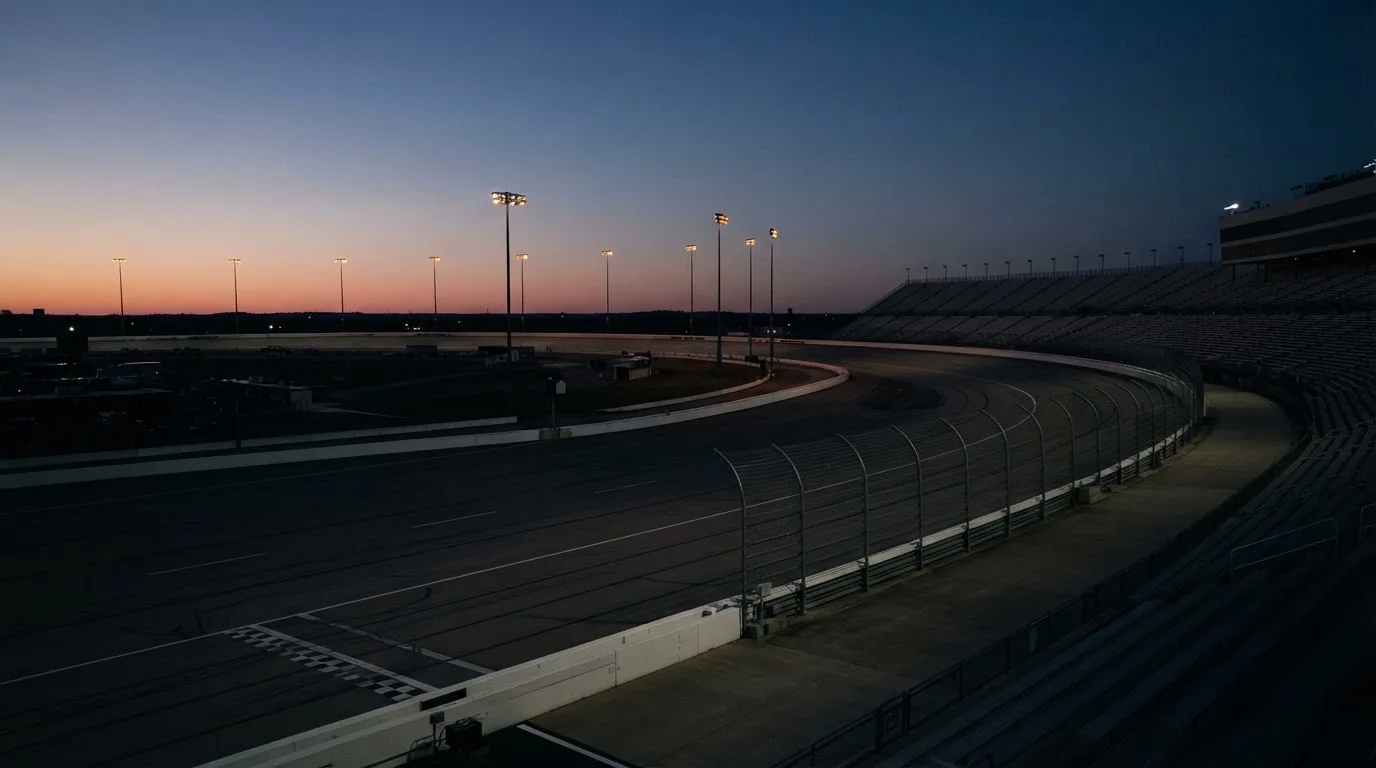 An empty football stadium with floodlight masts at dusk