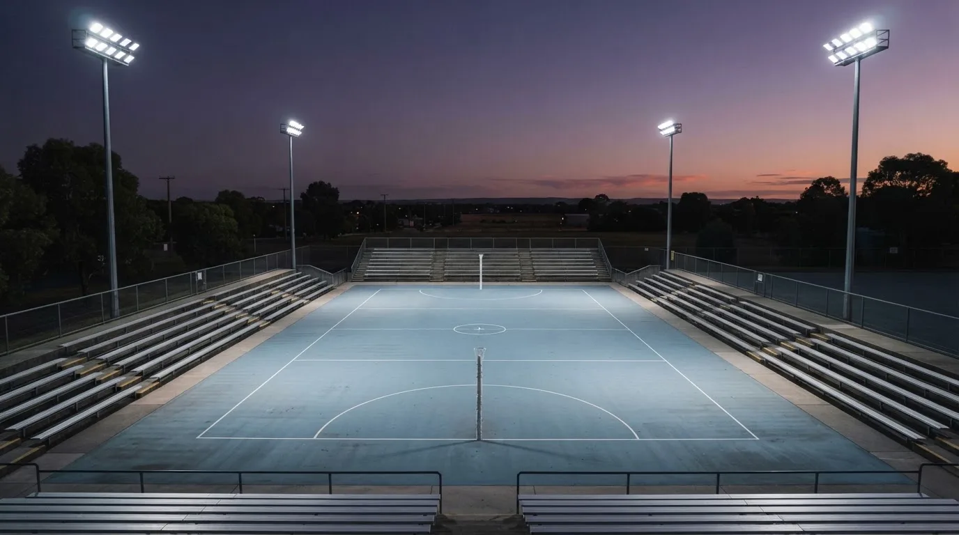 An empty football stadium with floodlight masts at dusk