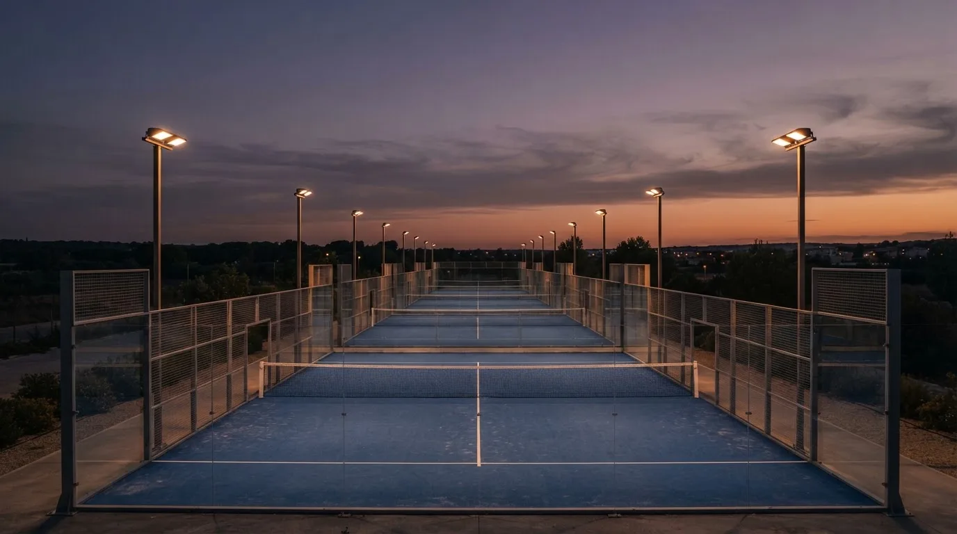 An empty football stadium with floodlight masts at dusk