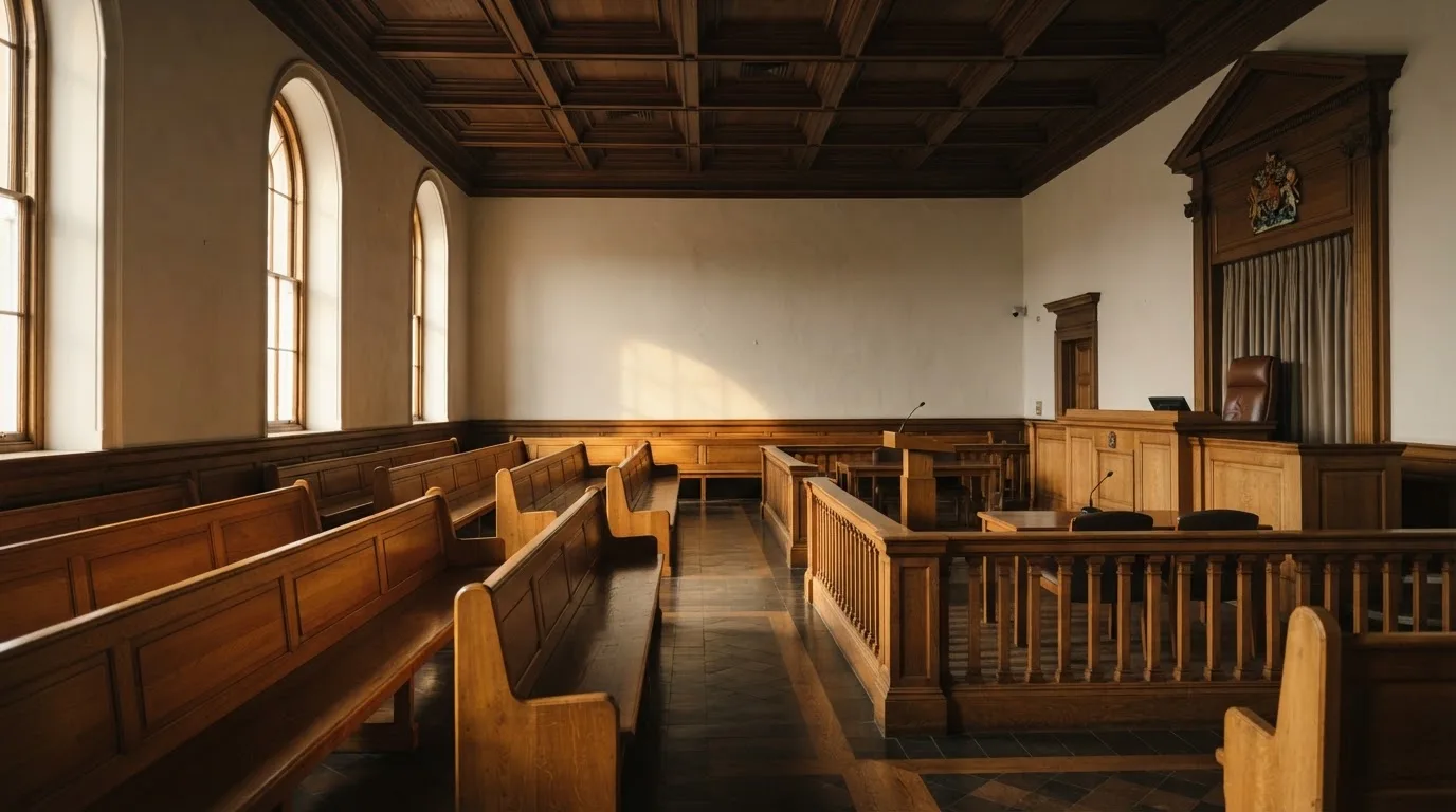 An empty courtroom with wooden benches in morning light