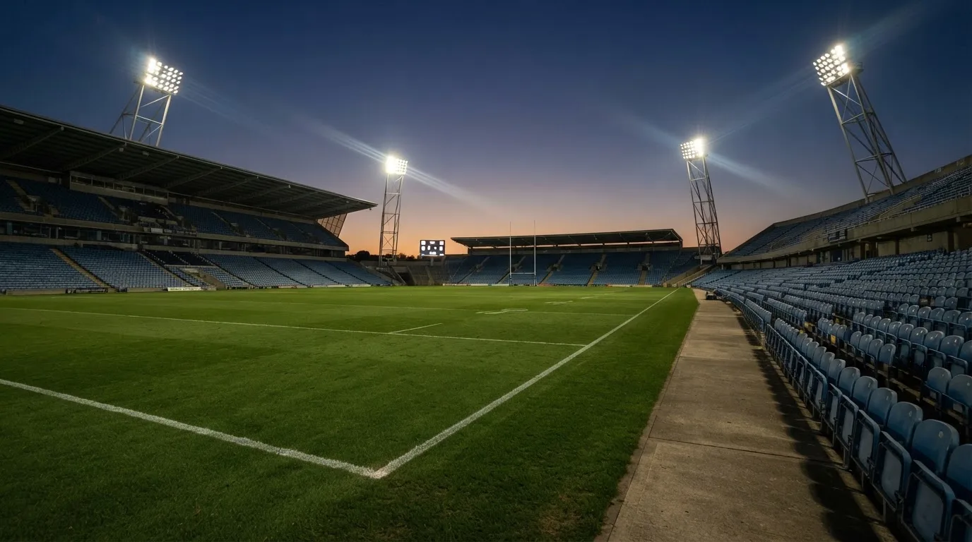 An empty football stadium with floodlight masts at dusk