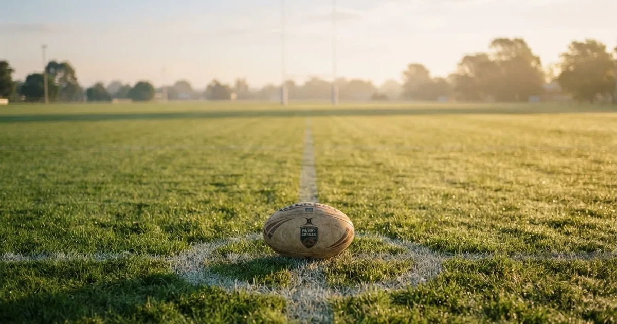 A ball on the centre spot of a grass pitch in morning light
