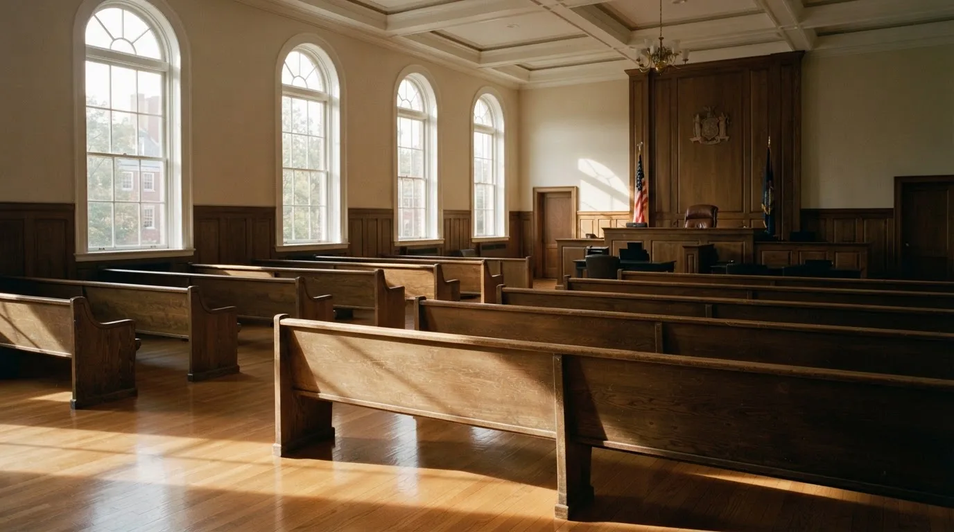 An empty courtroom with wooden benches in morning light