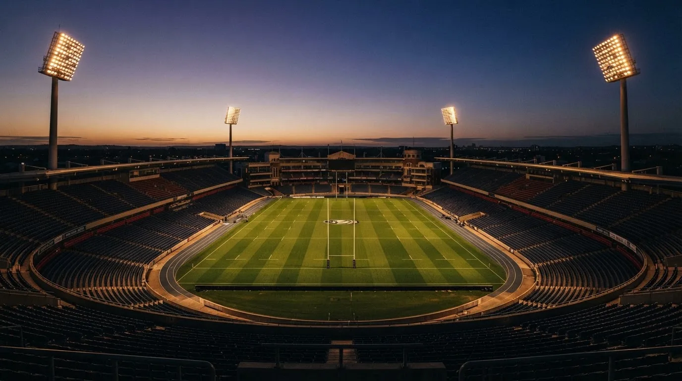 An empty football stadium with floodlight masts at dusk