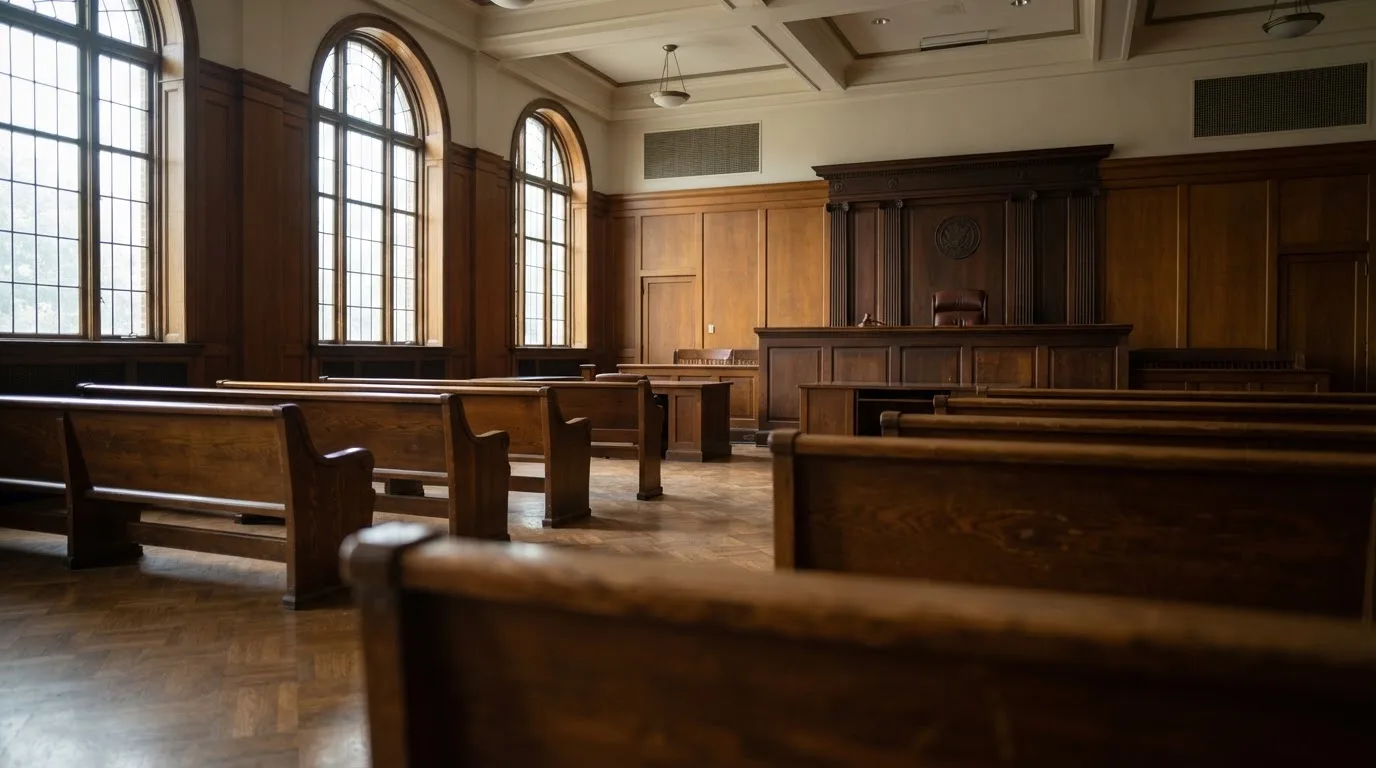 An empty courtroom with wooden benches in morning light