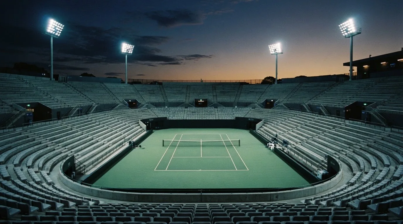 An empty football stadium with floodlight masts at dusk