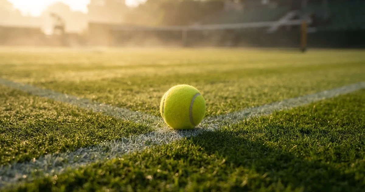 A ball on the centre spot of a grass pitch in morning light