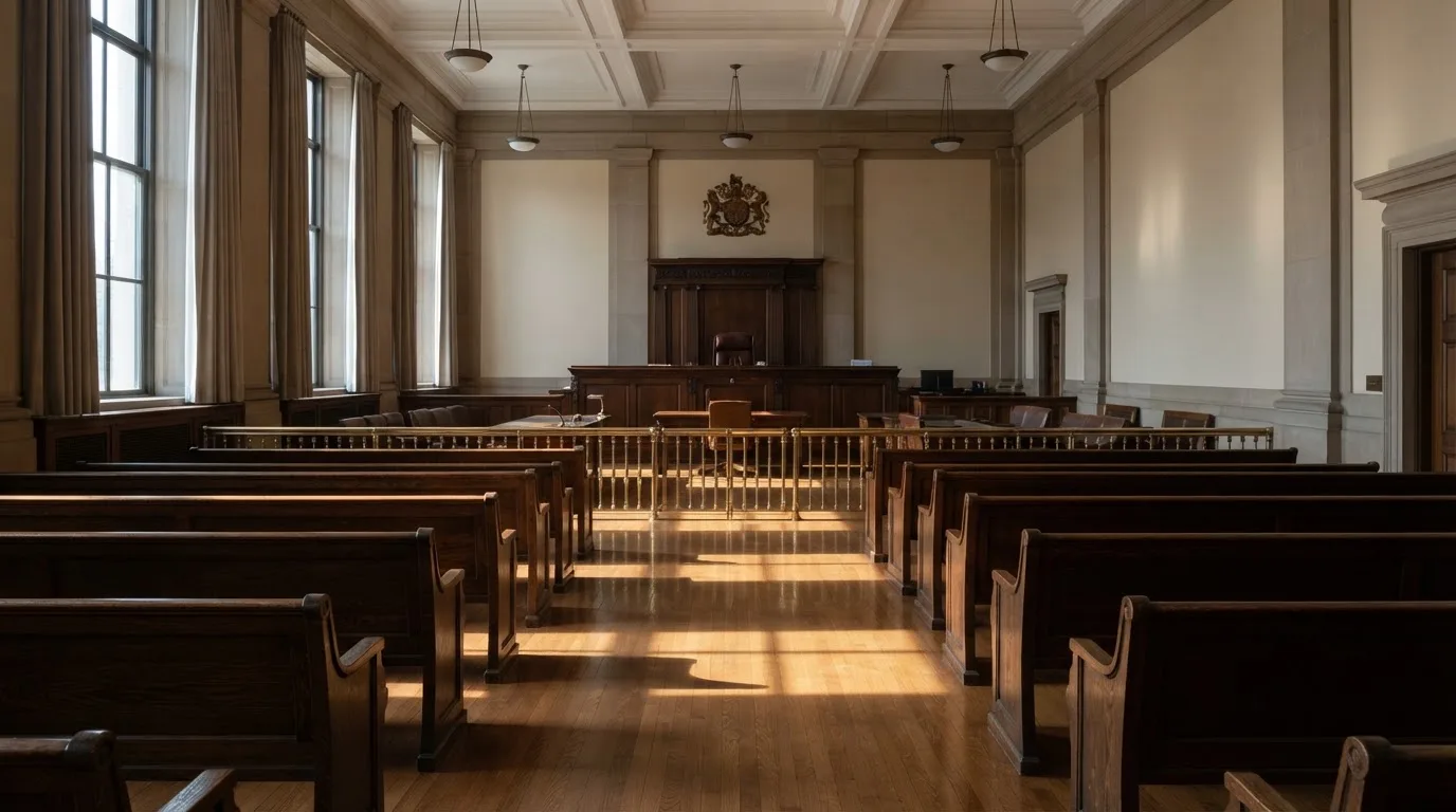 An empty courtroom with wooden benches in morning light