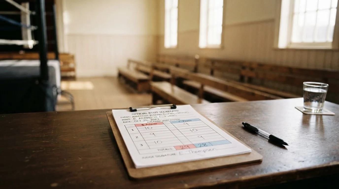 An empty courtroom with wooden benches in morning light