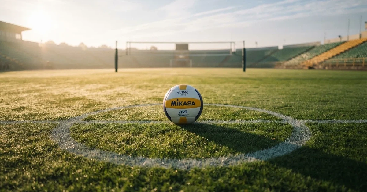 A ball on the centre spot of a grass pitch in morning light