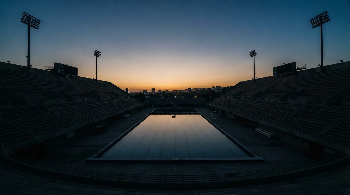 An empty football stadium with floodlight masts at dusk