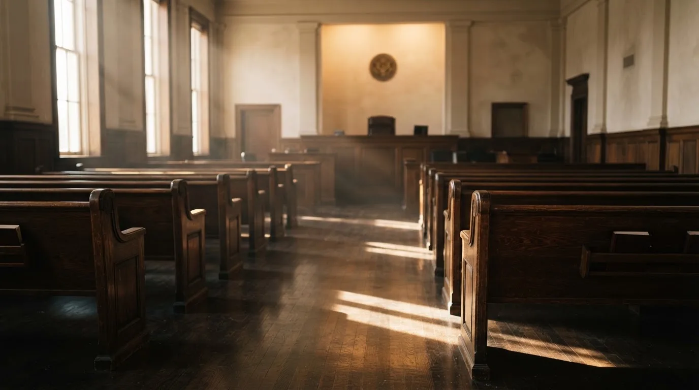 An empty courtroom with wooden benches in morning light