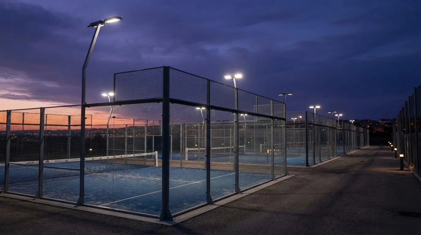 An empty football stadium with floodlight masts at dusk