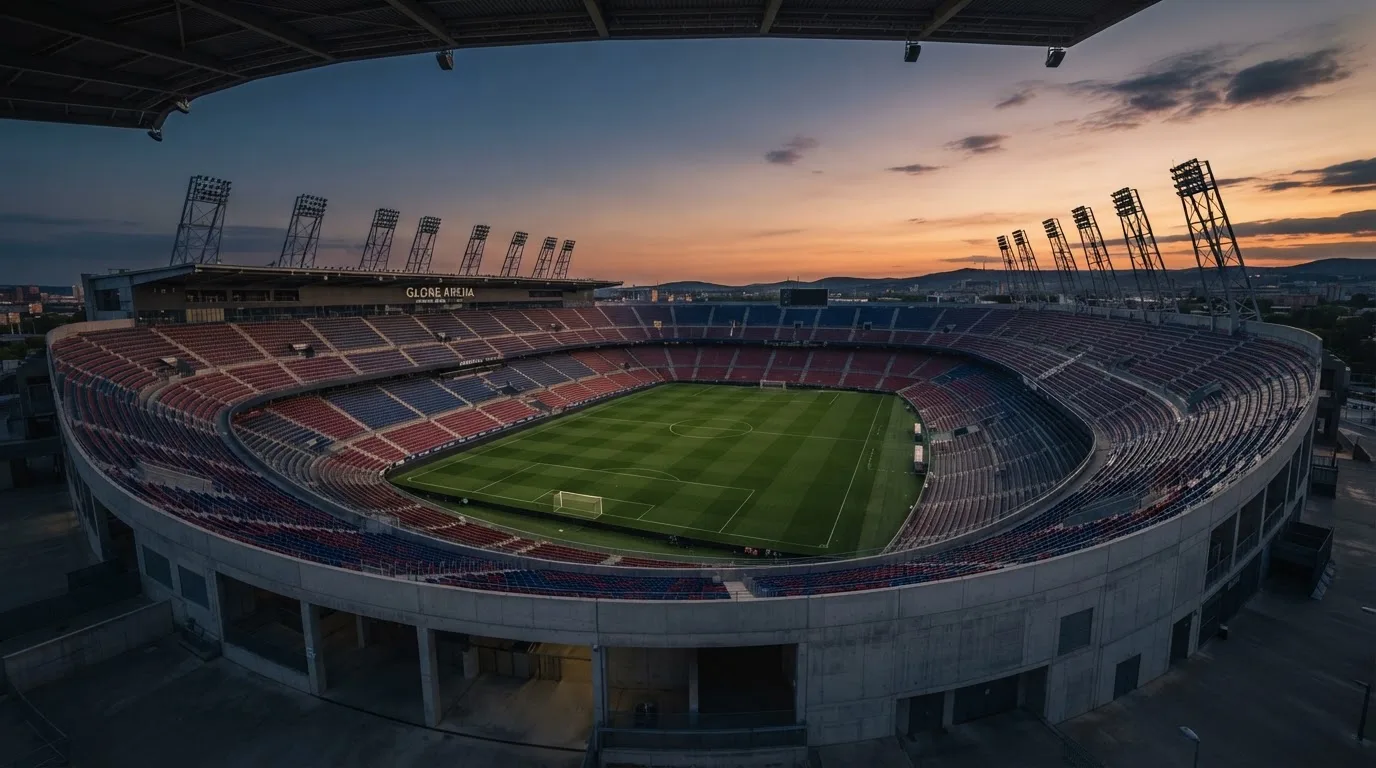 An empty football stadium with floodlight masts at dusk