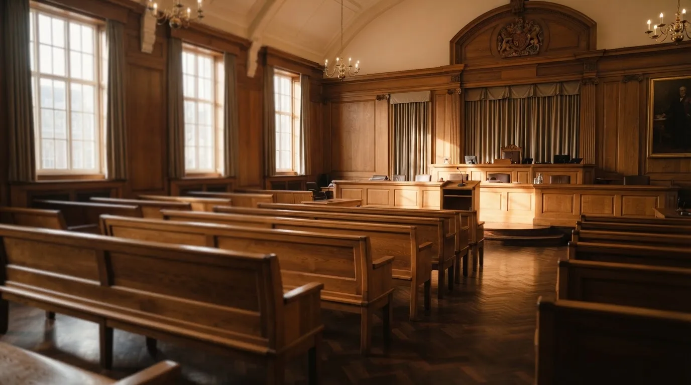 An empty courtroom with wooden benches in morning light