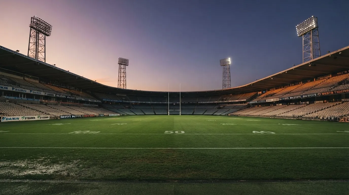 An empty football stadium with floodlight masts at dusk