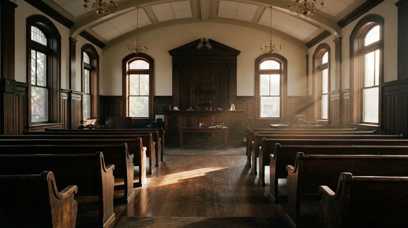 An empty courtroom with wooden benches in morning light