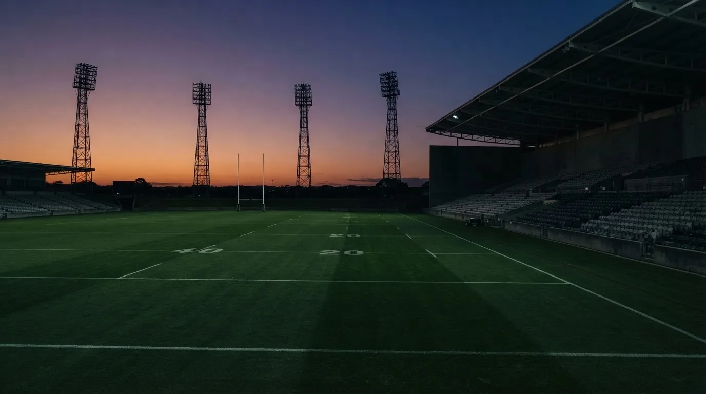An empty football stadium with floodlight masts at dusk