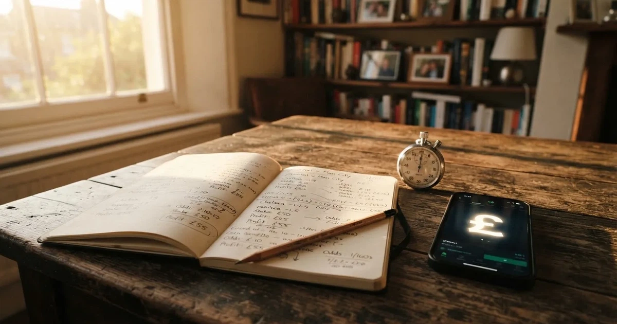 An open notebook with a pencil and a stopwatch on a wooden table