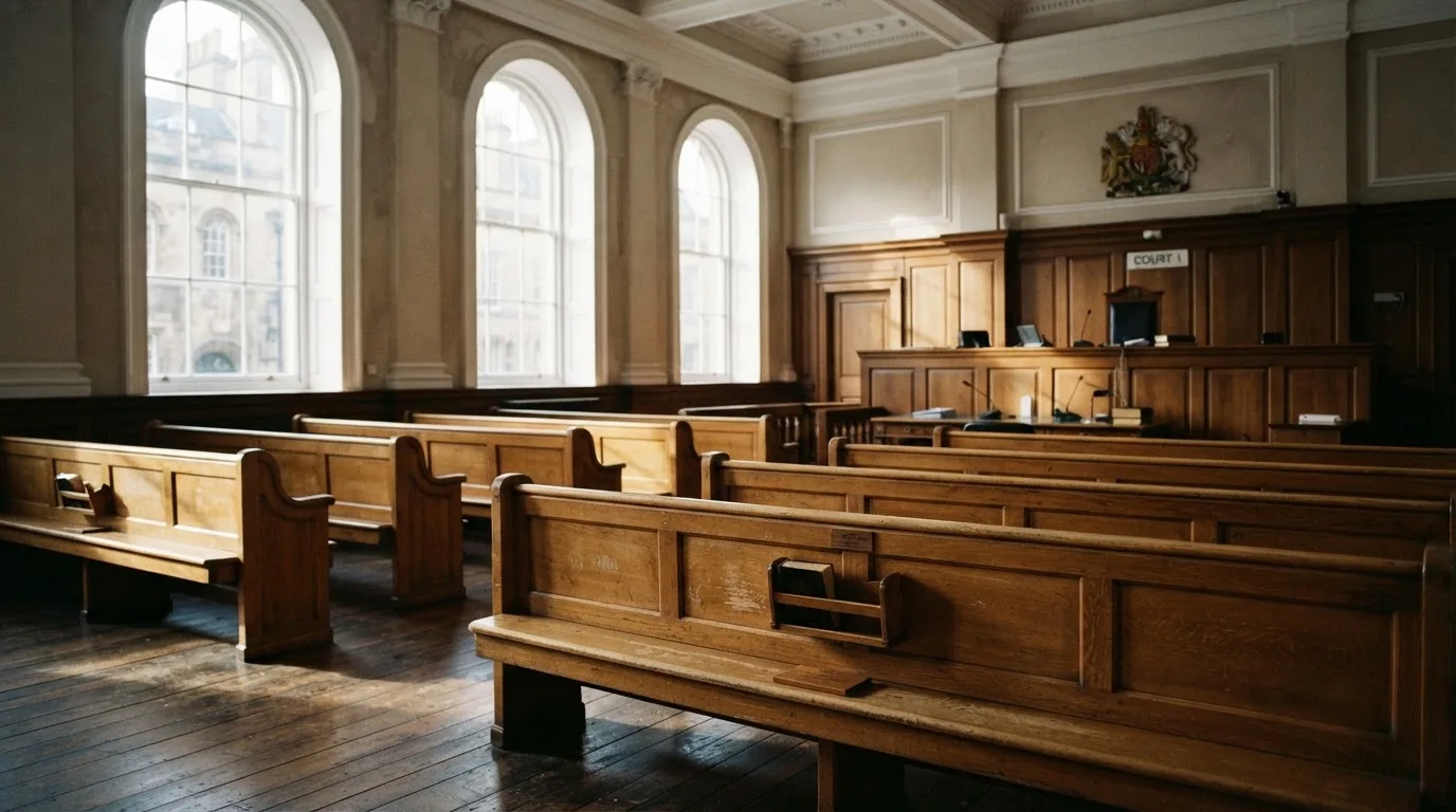 An empty courtroom with wooden benches in morning light