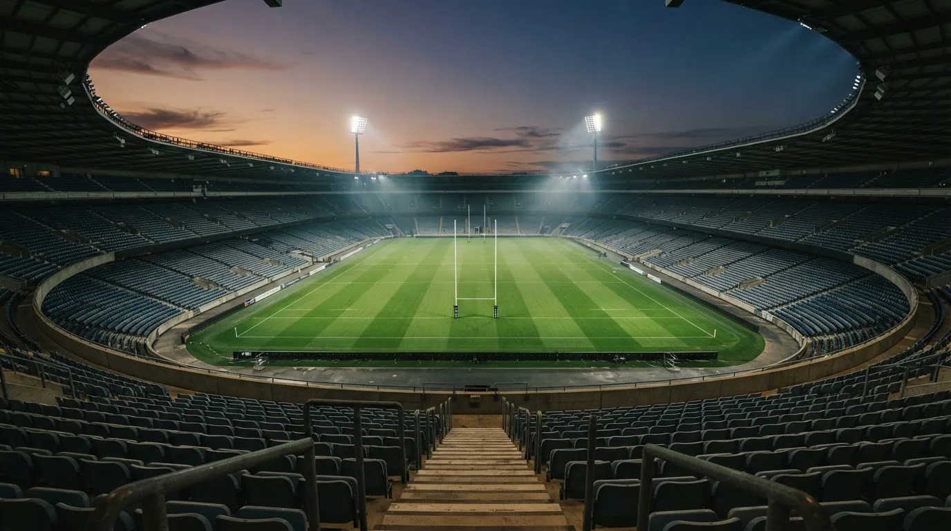 An empty football stadium with floodlight masts at dusk