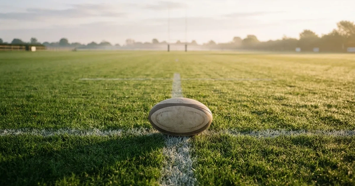A ball on the centre spot of a grass pitch in morning light