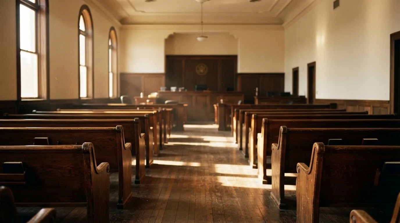 An empty courtroom with wooden benches in morning light