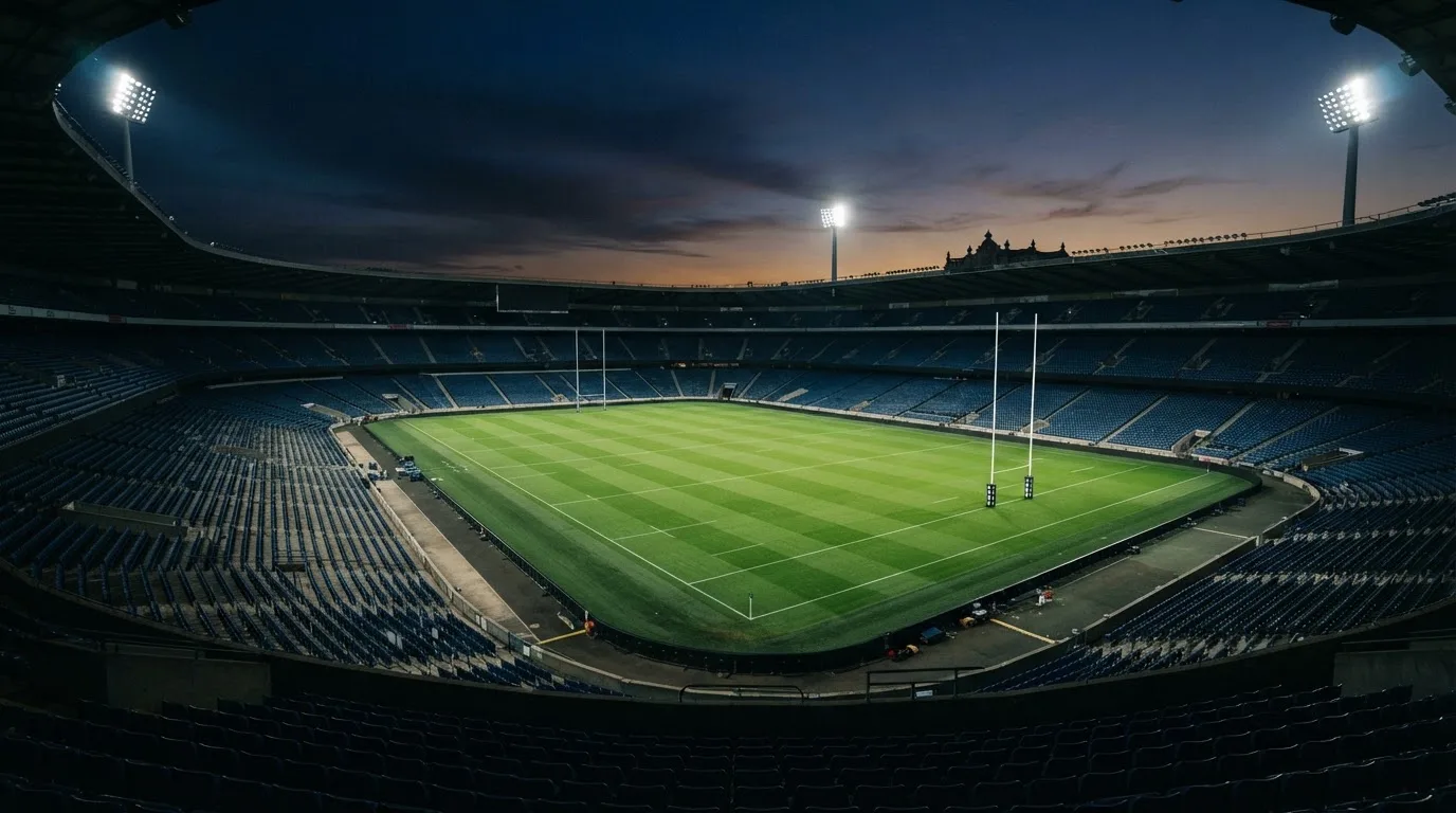An empty football stadium with floodlight masts at dusk