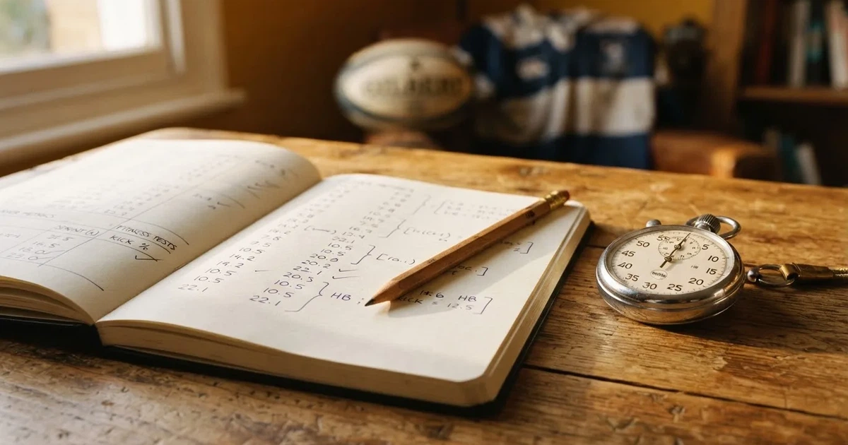 An open notebook with a pencil and a stopwatch on a wooden table