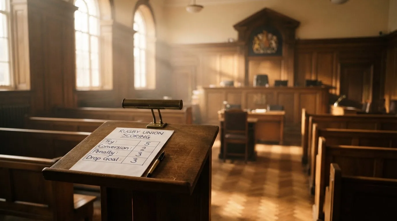 An empty courtroom with wooden benches in morning light